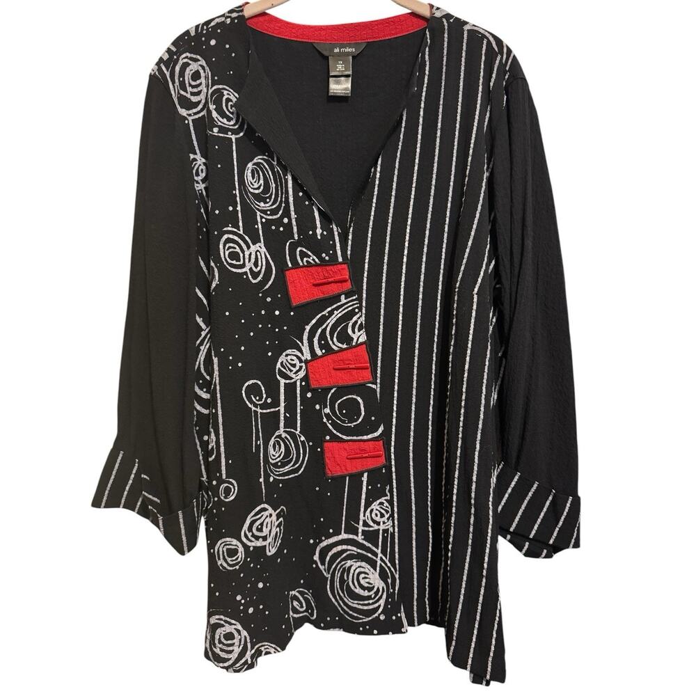 Ali Miles Black White Red Textured Button Up Tunic Top Artsy Boho Layering 1X